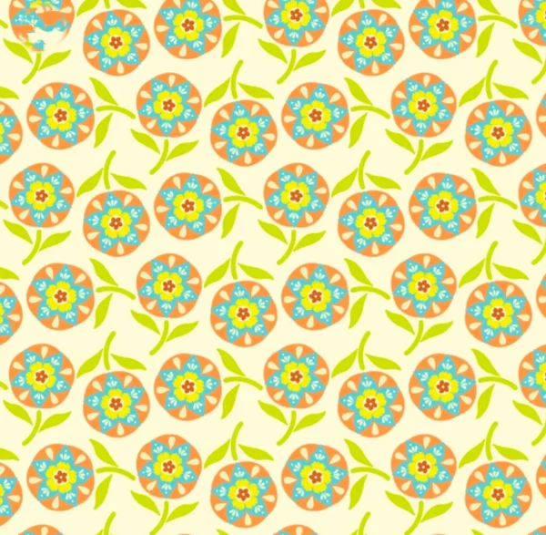 Bright Floral Pattern Seamless Design With Orange Circles, Turquoise Centers, And Lively Green Leaves Everyday
