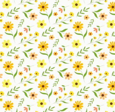 Sarı merkezli parlak çiçek deseni ve duvar kağıdı ve tasarım için yeşil yapraklar.