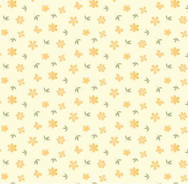 Sarı merkezli parlak çiçek deseni ve duvar kağıdı ve tasarım için yeşil yapraklar.