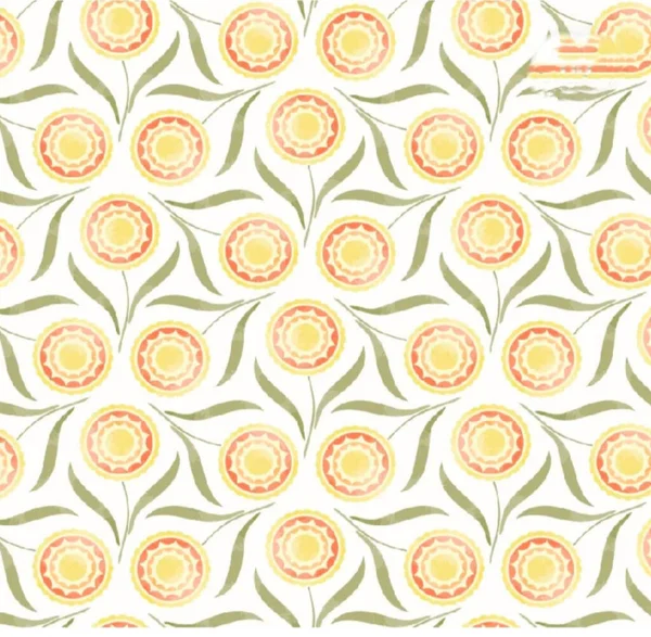 Sarı merkezli parlak çiçek deseni ve duvar kağıdı ve tasarım için yeşil yapraklar.