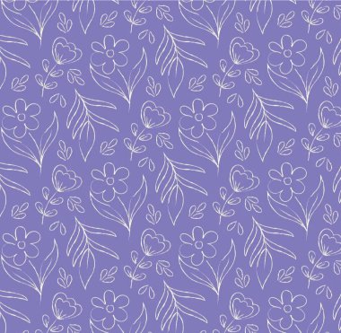 Beyaz El Tarlası Çiçekleri ve Yaprakları Arkaplan Tasarımı İçin Mor Çiçek Deseni