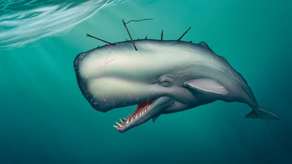 Monstruo Albino Cachalote Bajo Agua Atrapa Calamares Sobre Fondo Océano — Foto de Stock