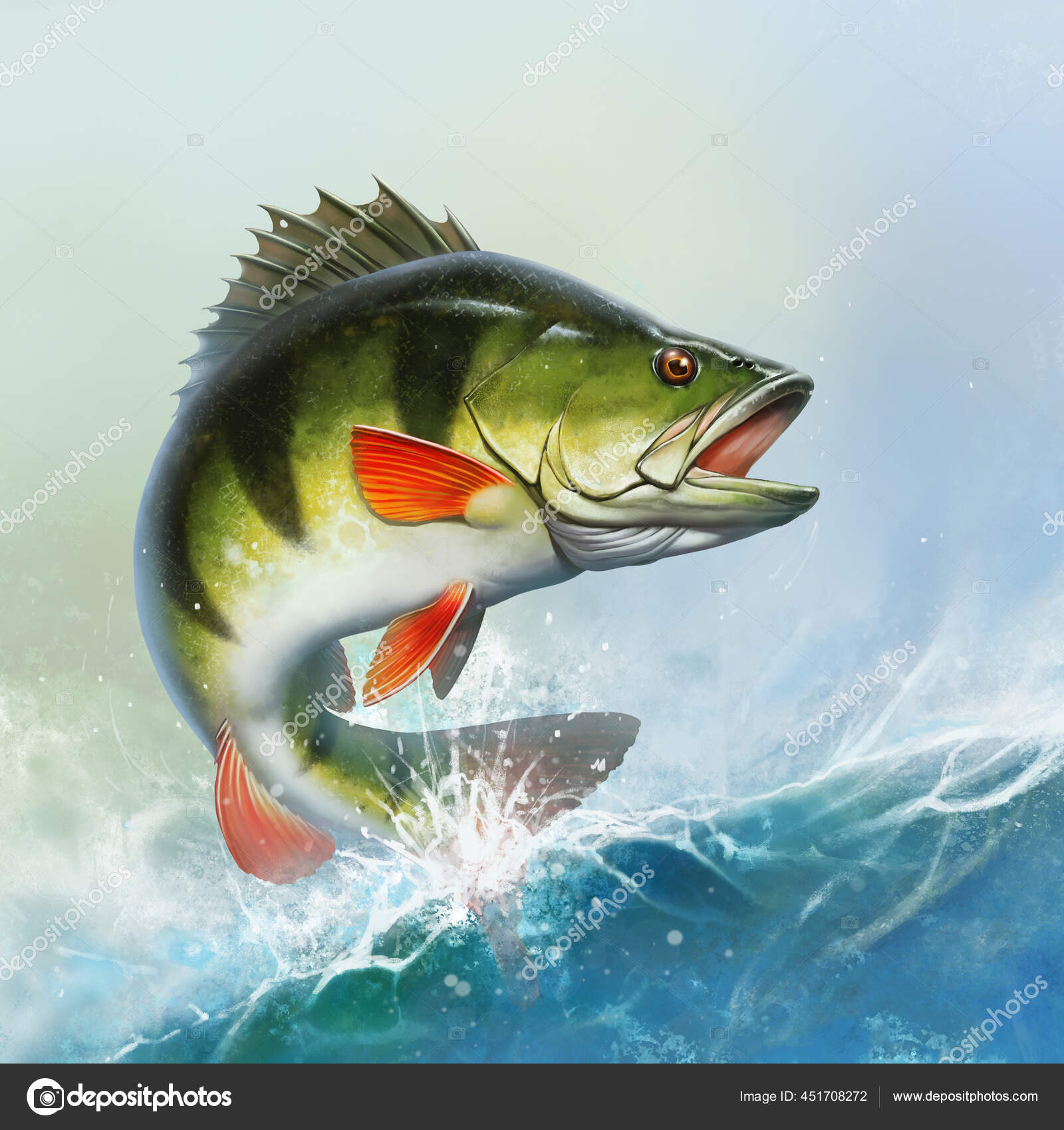 魚は水の現実的なイラストからジャンプします 川や湖でウサの大きなパーチ釣り 海の波の水平背景モバイル版晴れた日 ストック写真 C Trassnick Gmail Com