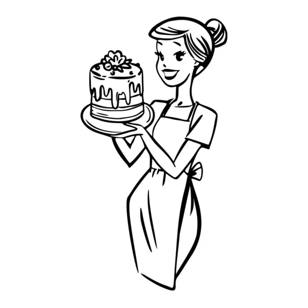 Beautiful smiling woman with birthday cake. Cute cheerful housewife in apron holding baked pie. Line art ink drawing. Stock  illustration on white background.
