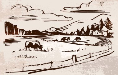 Güzel alp manzarası, klasik kırsal alan evleri, tarlaları, orman tepeleri olan çiftlik manzarası. El yapımı retro stil, grunge desenli gravür. Stok illüstrasyonu, poster tasarımı.