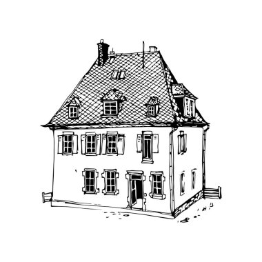 Güzel, eski bir ev dış görünüşü. Klasik Avrupa, Alman mimari binası. El çizimi karalama, mürekkep çizgisi çizimi. Beyaz arka planda stok çizimi. Boyama kitabı sayfası, poster tasarımı.