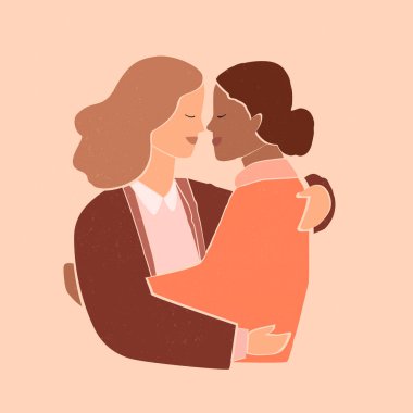 Lezbiyen kadın çok ırklı çift birlikte. Kadın şefkatle sarılıp öpüyor. Modern aşıkların portresi pastel renklerde, flan minimalist stilde. Stok illüstrasyonu.