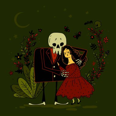Genç tatlı kız ve iskelet şefkati kucaklaşması. Gelin ve damat, kafatasları güzel, tatlı karakterli. Ölüm ve kadın düğün gotik konsepti. Basit çizim, hisse senedi çizimi.