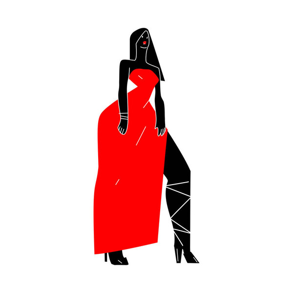 Beautiful afro fashion model in a fancy, luxury long red dress. Elegant woman with dark skin posing on high heels. Stylized modern flat, minimalistic character. Stock  illustration.