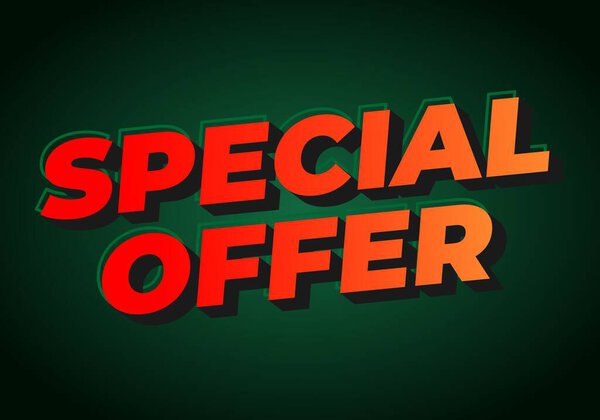 Яркий графический дизайн со словами "Специальное предложение" жирным, трехмерным текстом с градиентной цветовой схемой на темно-зеленом фоне.