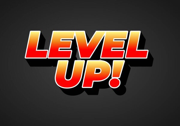 Смелый и красочный графический текст, говорящий LEVEL UP! с эффектом Мбаппе, на темном фоне.