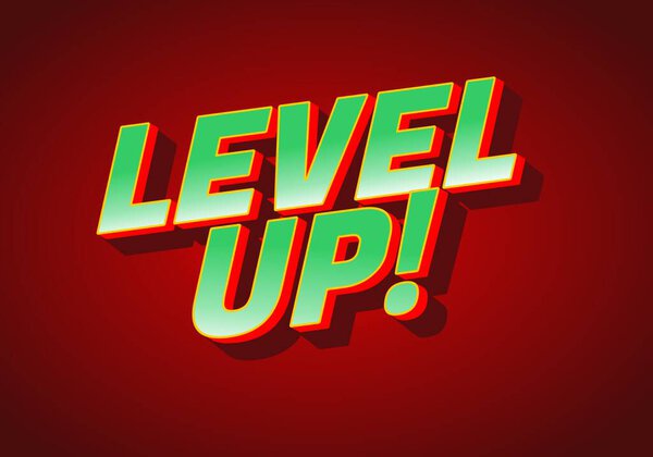 Яркая графика с текстом LEVEL UP! Жирным шрифтом в 3D-стиле на красном фоне.