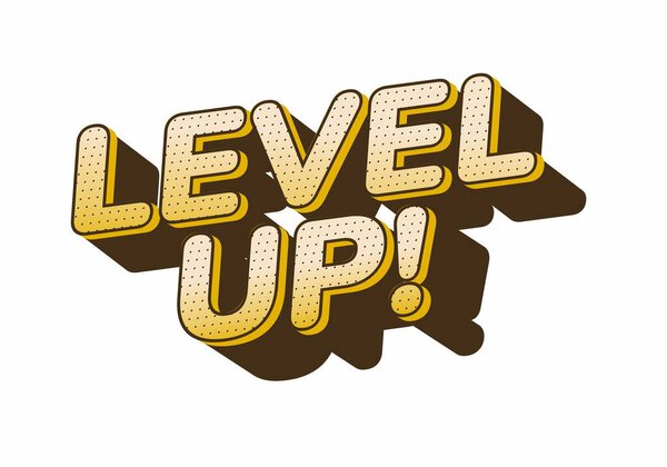 Живая и игривая графика с текстом LEVEL UP! жирным шрифтом в 3D стиле с эффектом тени, подходит для игровых или мотивационных тем.