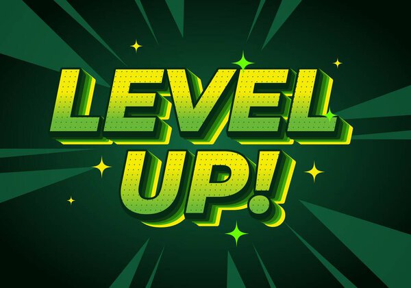 Яркий графический дизайн с текстом LEVEL UP! в жирном 3D стиле с зеленой цветовой схемой и динамическими элементами фона.