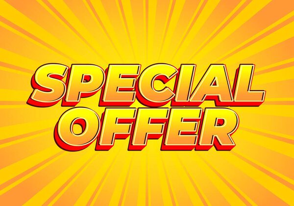 Яркая графика со словами "Специальное предложение" жирным, трехмерным шрифтом на ярко-желтом фоне с излучающими линиями.