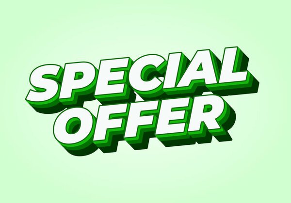 Текстовая графика со словами Специальное предложение жирными, зелеными трехмерными буквами на светло-зеленом фоне
