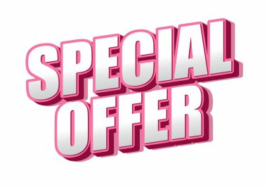 Özel teklif kelimelerini içeren metin grafiği kalın, 3 boyutlu, pembe ve beyaz renk şeması ile