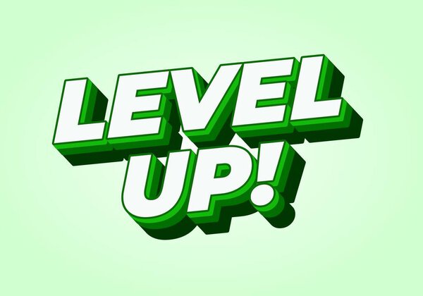 Яркий графический дизайн с текстом LEVEL UP! жирными, трехмерными буквами с зеленой и белой цветовой гаммой на светло-зеленом фоне.