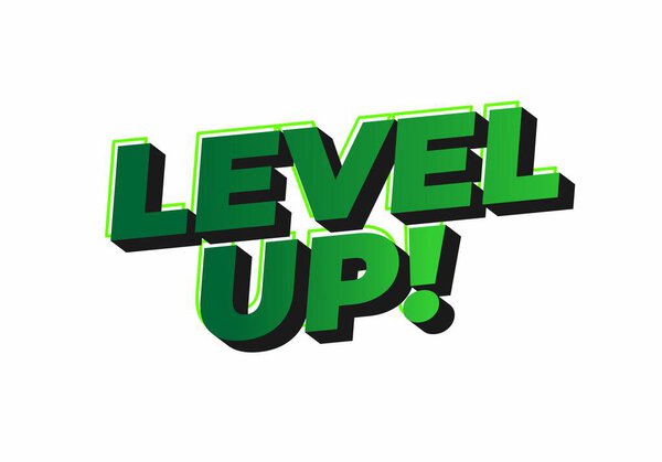 3D текстовая графика с фразой LEVEL UP! жирными зелеными буквами с эффектом тени.