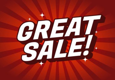 Büyük Satış 'ı okuyan çarpıcı bir grafik! Parlak aksanlı kırmızı radyal arka planda.