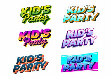 Metin Çocuklar Partisi 'nin yer aldığı altı renkli ve eğlenceli logodan oluşan bir koleksiyon. Her logonun çocuk olayları için uygun eşsiz bir tasarımı ve canlı renkleri var..
