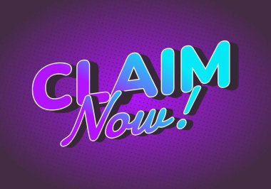 CLAIM Now metnini içeren canlı bir grafik tasarımı! Cesur, esprili tipografide. Mor 'dan maviye geçiş, noktalı desenli koyu mor bir arkaplan üzerine kurulur.