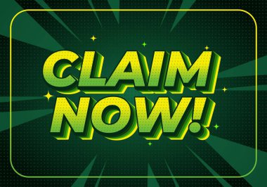CLAIM 'i gösteren canlı bir grafik! Kalın, yeşil renk şeması ve yıldız patlaması arkaplan efektleriyle üç boyutlu harflerle..