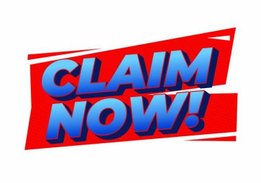 CLAIM Now adlı metni içeren cesur bir grafik tasarımı! Kırmızı arkaplanda büyük, mavi harflerle dinamik şekiller..