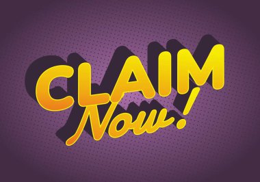 CLAIM Now adlı metni içeren canlı bir grafik! Koyu sarı harflerle, gölge efektiyle, mor noktalı arkaplanda..