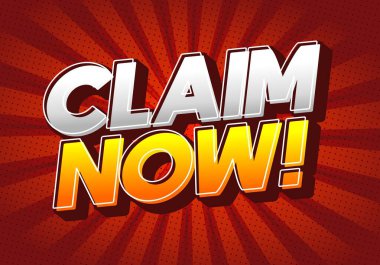 Cesur ve renkli bir grafikle CLAIM şimdi! dinamik yazı tipi tarzında, radyal çizgileri olan canlı kırmızı bir arkaplan üzerine kurulur.