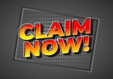 CLAIM Now adlı metni içeren cesur bir grafik tasarımı! canlı kırmızı ve sarı renkli bir şema, koyu bir arkaplan ve noktalı bir desen üzerine kurulmuş.