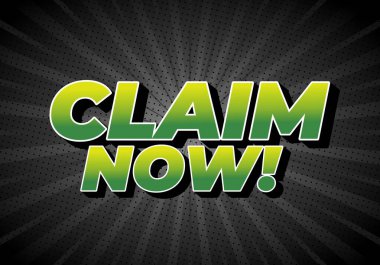 CLAIM Now adlı metni içeren cesur bir grafik tasarımı! Parlak yeşil ve sarı renklerle koyu, radyal arkaplana karşı.