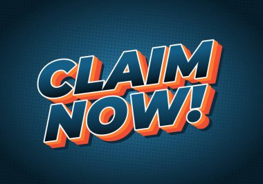 Cesur ve renkli bir grafikle CLAIM şimdi! Noktalı desenli koyu mavi bir arkaplan üzerinde 3B biçiminde ayarlanmış..