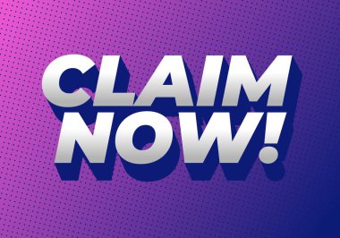 Cesur, göze çarpan bir grafikle CLAIM şimdi! Büyük, üç boyutlu harflerle. Arkaplan, noktalı desenli mor bir gradyan. Modern ve dinamik bir görünüm yaratıyor..