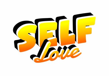 SELF ve Love kelimelerini içeren üç boyutlu metin tasarımı. Gölge efektli sarı-turuncu arasında bir gradyan..