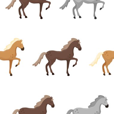 2026 yılındaki Çin yılının yeni yıl tekstil, ambalaj ve şablonları için sembolü olan yükseltilmiş bacakla yürüme anında farklı renklerde çizgi film atlarının deseni