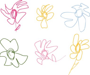 set of various flowers drawn by children in line art style, drawn in different colors, for various designs on children's themes