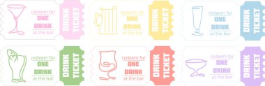 çeşitli bardaklar ve içeceklerle birlikte bedava içki kuponları. Sanat tarzı, alışverişler, promosyonlar ya da bar için promosyon malzemeleri için.