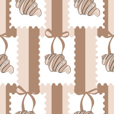 Tekstil, ambalaj ya da tebrik kartları için mantar arka planında pul şeklinde kruvasan şeklinde kusursuz desen.