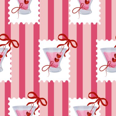 Çeşitli içecekler için küçük bardak tasarımlı pullar ve pembe arka planda kırmızı kurdeleler, web tasarımı, çıkartmalar, damgalama ve dekorasyon için.