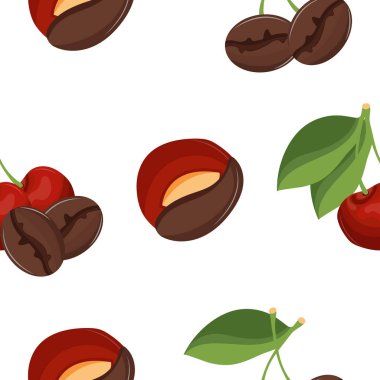 Kahvenin tadını temsil eden çeşitli şekillerde olgun kirazlar ve kavrulmuş kahve çekirdekleri, kahve dükkanları ve restoranlardaki temalı menüler için.