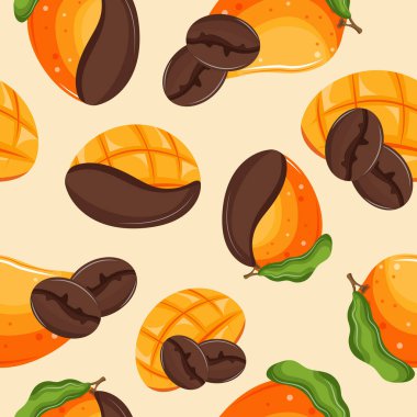 Çeşitli kahve aromalarının temasında kusursuz desenler var, yani kahve ve çeşitli şekillerde olgun mangoların birleşimi sarı arka planda, kafeler, restoran menüleri veya ambalajlar için.