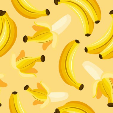 Kabuğu soyulmuş sarı muz ve kabuğu sarı arka planda, ambalaj, arka plan, tekstil ya da diğer baskı ürünleri için kusursuz desen.