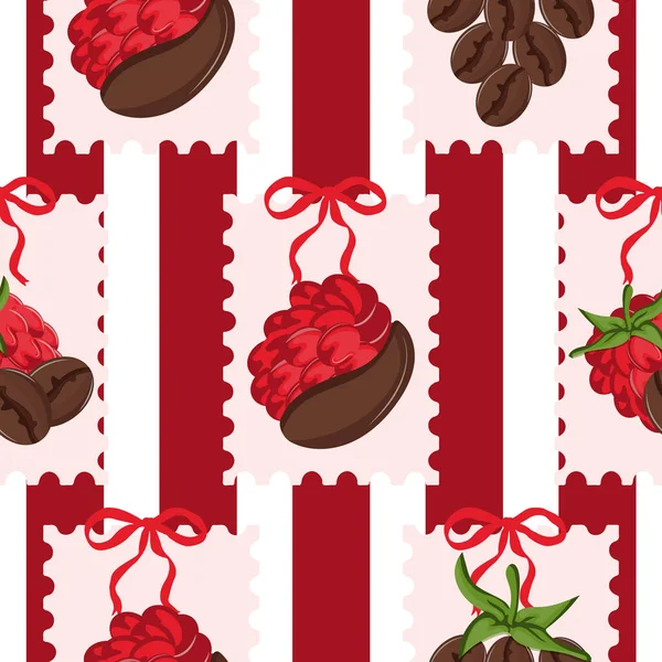 Farklı kahve aromalarının temasındaki kusursuz desen, yani yeşil kuyruklu ve olgun pembe ahududu meyvelerinin kombinasyonu.