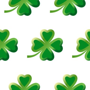 Beyaz arka planda yeşil dört yapraklı yoncalı kusursuz desen, tatil tasarımları, davetiyeler veya hediye kartları için