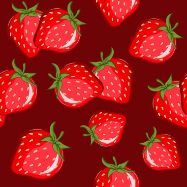 Kırmızı arka planda yeşil kuyruklu, olgun, kırmızı çilekli kusursuz desen. Tekstil, ambalaj ve dijital tasarım için.