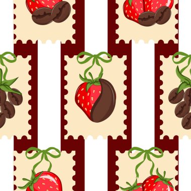 Kızarmış kahve çekirdekleri ve olgun kırmızı çileklerle pürüzsüz desenli, arkasında kırmızı çizgiler olan pullarla sıralanmış.