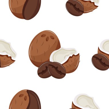 Olgun, egzotik hindistan cevizleri ve yanında kahve çekirdekleri, tekstil, ambalaj ve dijital tasarım için.