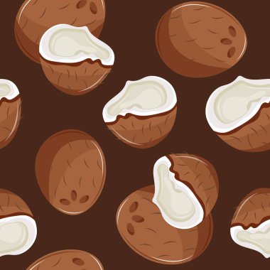 Tropikal meyvelerle kusursuz desen, yani bütün ve kahverengi arkaplandaki hindistan cevizleri, tekstil, ambalaj ve dijital tasarım için