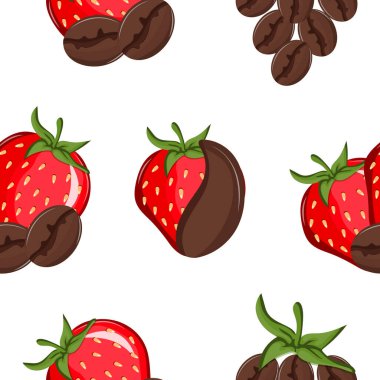 Kahvenin tadını temsil eden kızarmış kahve çekirdekleri ile olgun kırmızı çilek desenleri, menüler, tekstil, ambalaj ve dijital tasarım için.
